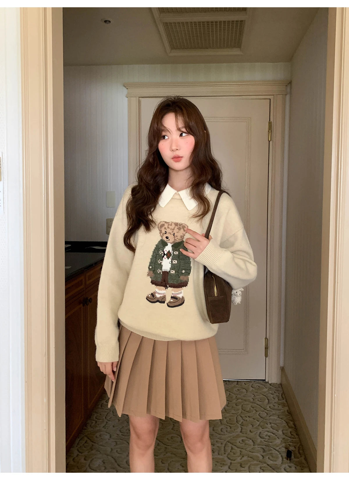 High Quality French Vintage Luxury Bear Jacquard Sweater For Women Autumn New Fashion Korean Casual Loose Pullover Knitted Tops