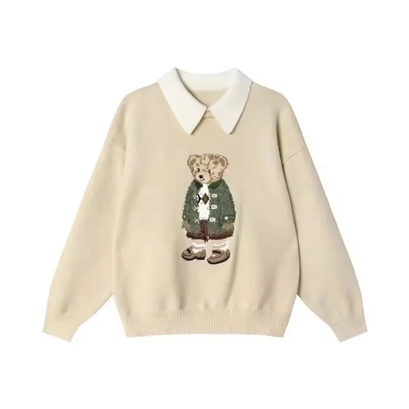 High Quality Fall Winter New Fashion Lazy Cartoon Bear Embroidery Loose Knitted Sweater Tops Women Casual Pullover Sweater Pull