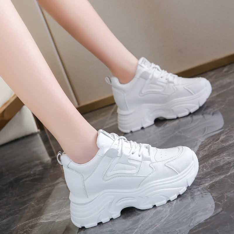 Women Sneakers Lace-Up Thick Bottom Vulcanize Shoes Woman Pu Leather Breathable Sports Shoes Ladies