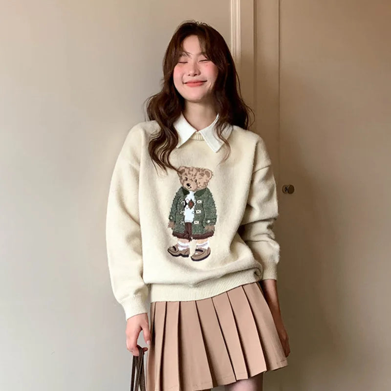 High Quality French Vintage Luxury Bear Jacquard Sweater For Women Autumn New Fashion Korean Casual Loose Pullover Knitted Tops