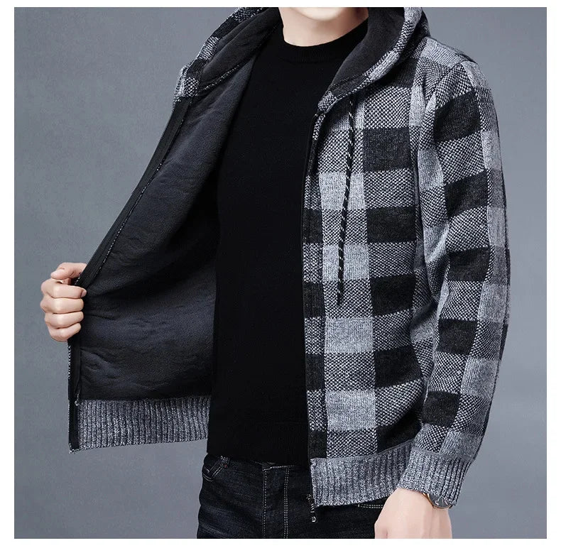 Sweater Jacket Fashion Winter Coat Fleece Hoodies High Quality Luxury Checkered Hooded Knit Cardigan Male Outer Wear