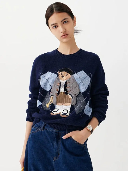 High Street Luxury French Ladies Embroidery Bear Knitted Pullover Sweater For Women Fashion Casual Knitwear Tops Pull Femme
