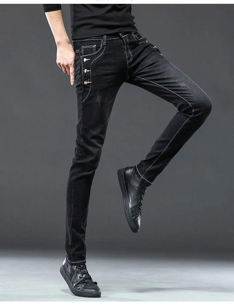 Men's Designer Jeans Snowflake Grey Wash Korean Fashion Stretch Pants Multi-button Denim Trousers