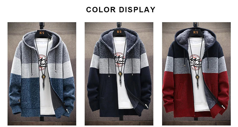 Sweater Fleece Coat Striped Jackets Fashion Hoodies Winter Autumn Thick Warm Windbreaker Pullovers Male Clothing
