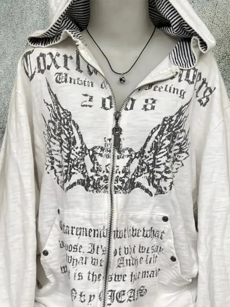 Hoodies Women Vintage Sweatshirts 2025 Women's Clothes White Print Tunic Hooded Y2k Coat Streetwear Fashion Casual Hoodies Tops Ropa Mujer
