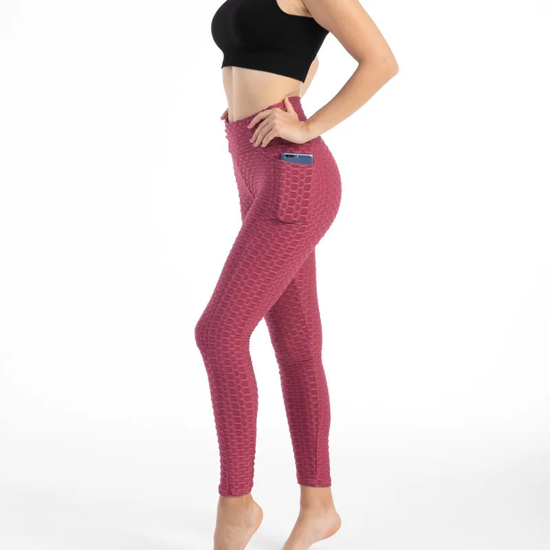 Leggings Women Fashion Pocket Bubble Pants Stretchy Slim Leggings Gym Running Cycling Fitness Pants High Waist Hip Lift Leggings Female
