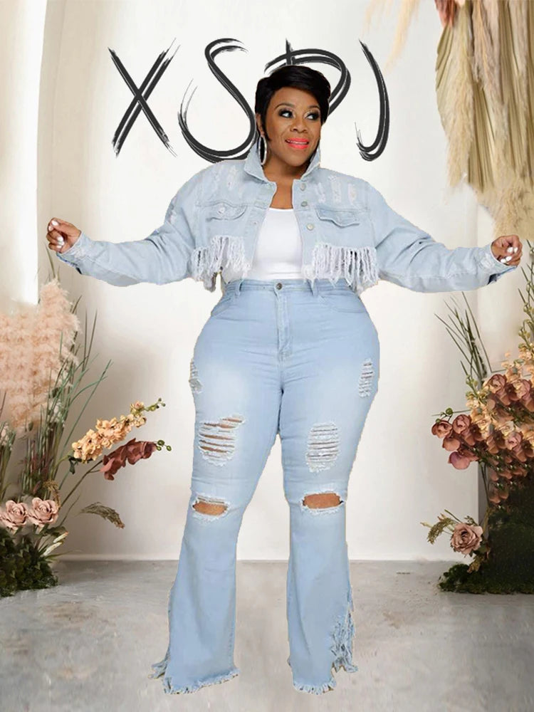 Pus Size  Ladies Jeans High Waist Woman Tassel Vintage Jeans Ripped Plus Size Fashion Elegant Flared Jeans Wholesale Dropshipping