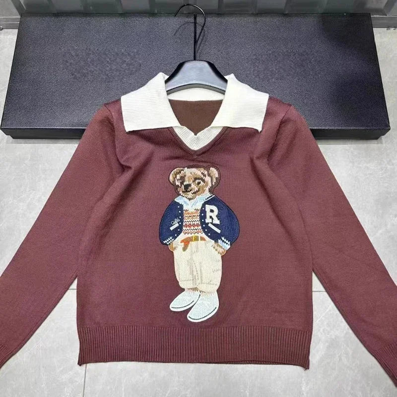 Cartoon Bear Jacquard Knit Pullover Women 2025 New Autumn O-Neck Long Sleeve Female Sweater Korean Fashion Knitwear Jumpers Tops