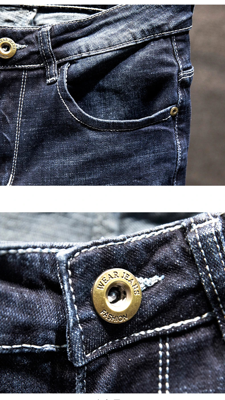 Men Slim-fit Denim Pants Cotton Korean Style Fashion Elasticity Versatile Blue Black Men's Clothing