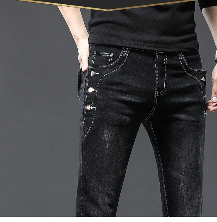 Men's Designer Jeans Snowflake Grey Wash Korean Fashion Stretch Pants Multi-button Denim Trousers