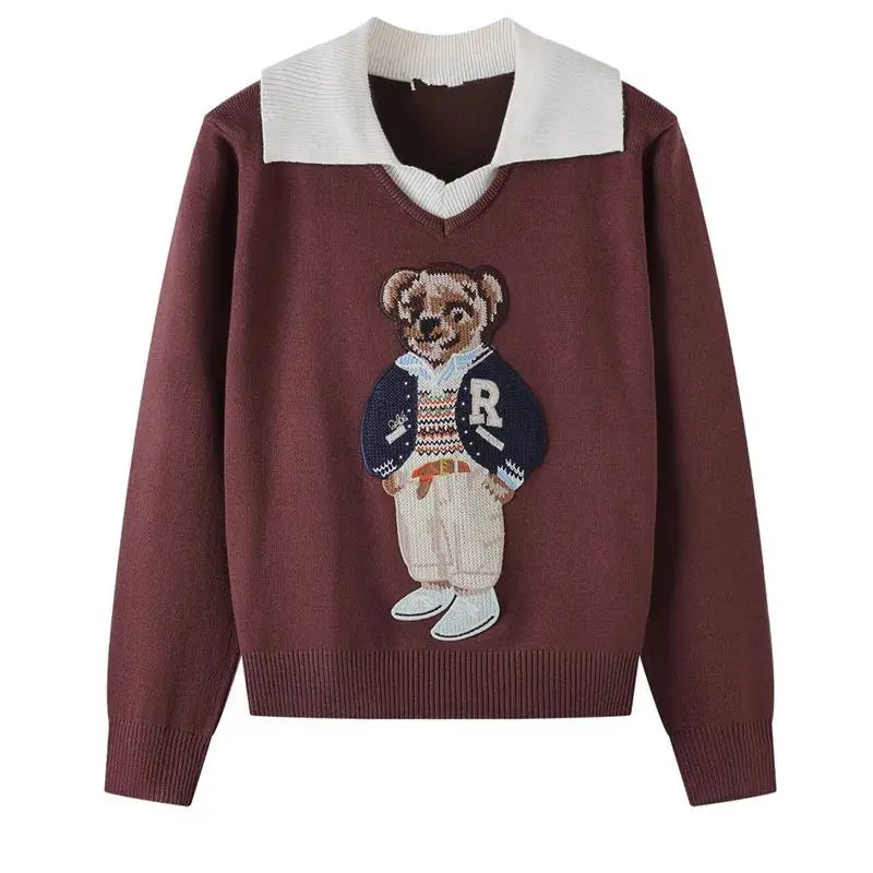 European Style Luxury Brand Loose O-Neck Bear Pullover Tops Knitwear Woman Long Sleeve T-shirt Ladies Wool Knitted Sweater Tops
