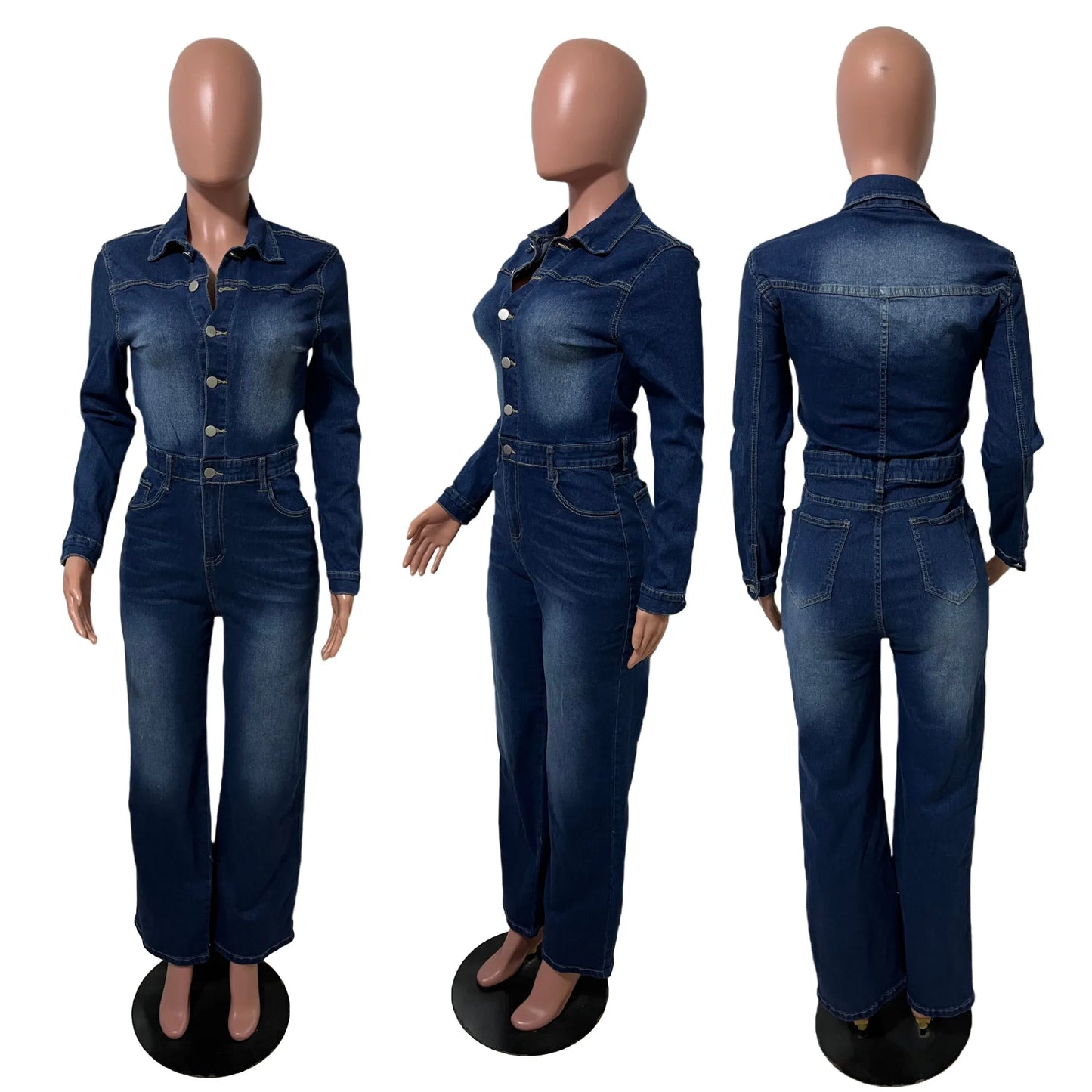 Newly Jeans Stretch Jumpsuit Sexy Women Turn Down Collar Elegant Denim Straight Romper Overalls
