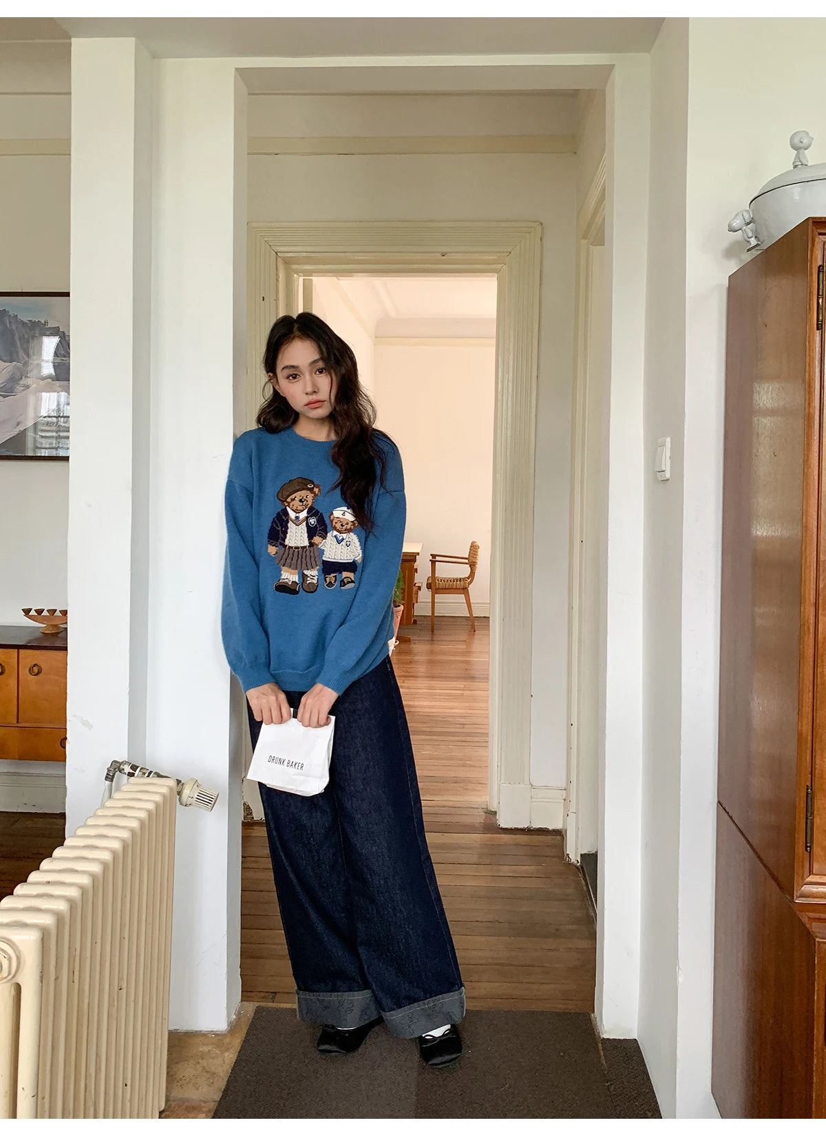 Korean Style Autumn Fashion College Wind Twist Bear Embroidery Knitted Sweater Women's Soft Cozy Overhead Sweater Long Sleeve...