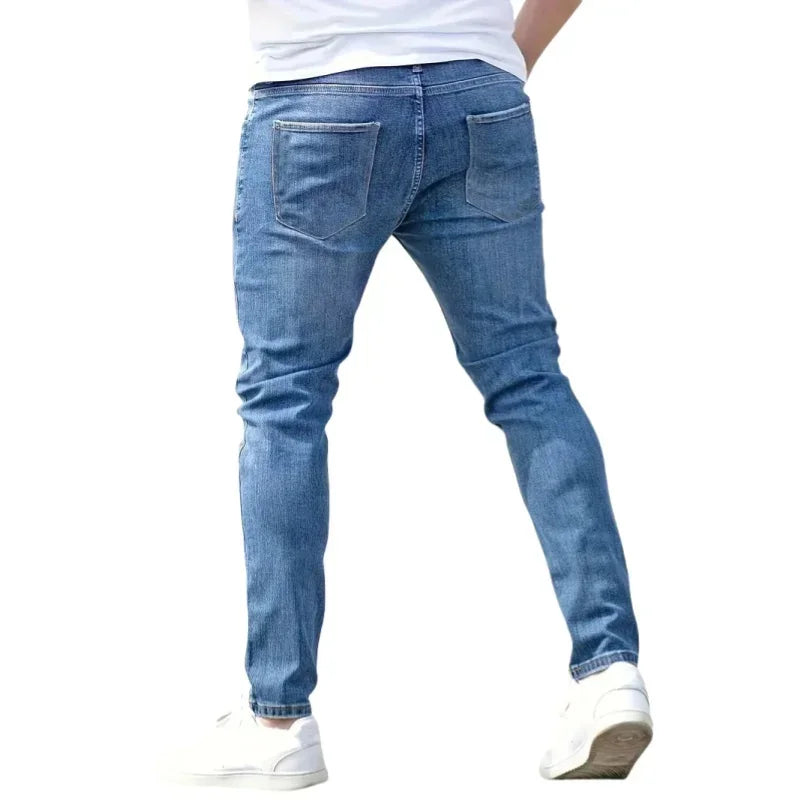 Men's Stretch Slim Fit Jeans Zipper Casual Streetwear Pants Classic Black Blue Skinny Trousers Designer Denim Clothes