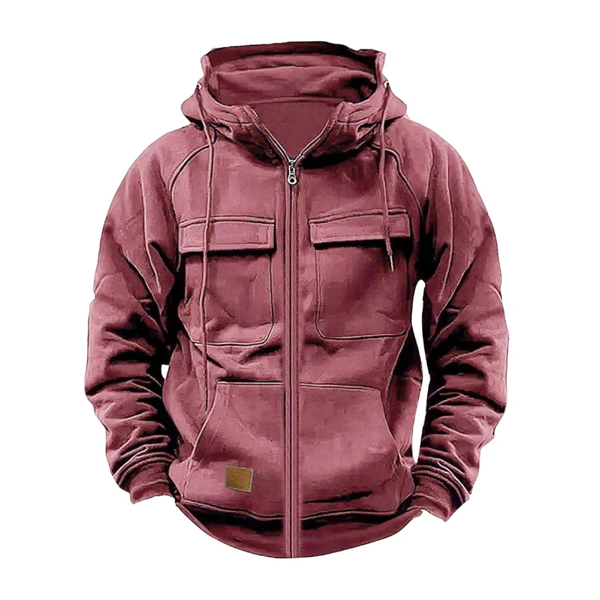 JUMPER Solid-Color Zipper Pullover Hooded Sweater Casual Loose Street-Style Multi-Pocket Hooded Sports Coat