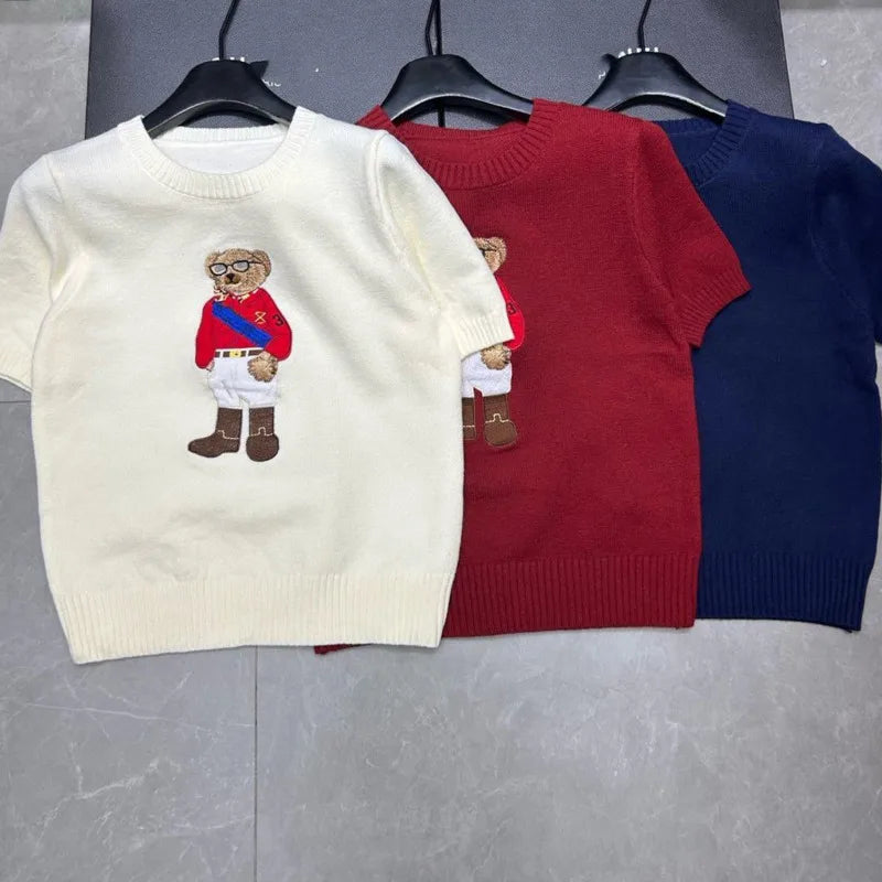 European Style Luxury Brand Loose O-Neck Bear Pullover Tops Knitwear Woman Short Sleeve T-shirt Ladies Wool Knitted Sweater