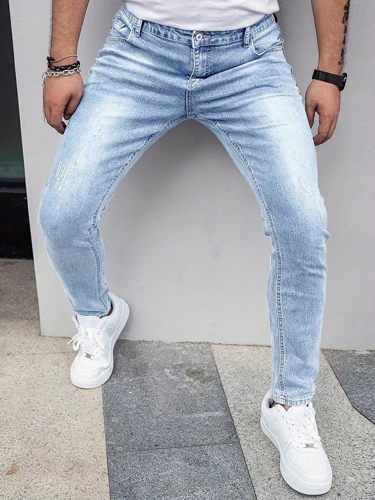 Men's Slim Four-Season Washed Fashion Jeans Stretch Slim Fit Light Blue Gray Black Casual Denim Pants
