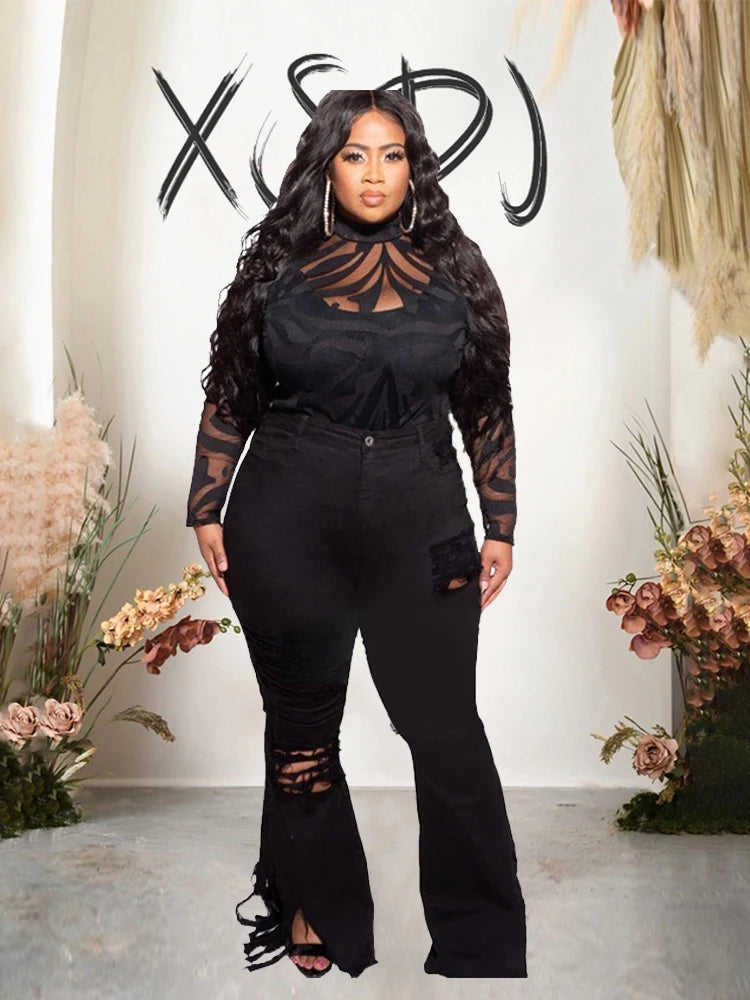 Pus Size  Ladies Jeans High Waist Woman Tassel Vintage Jeans Ripped Plus Size Fashion Elegant Flared Jeans Wholesale Dropshipping