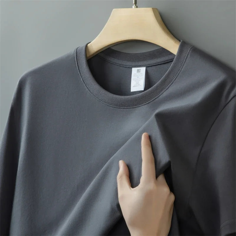Men Short Sleeve   Oversized Thick Round Neck T-shirt Summer Short Sleeved T-shirt Pure Cotton Solid Color Top Casual Versatile T-shirt