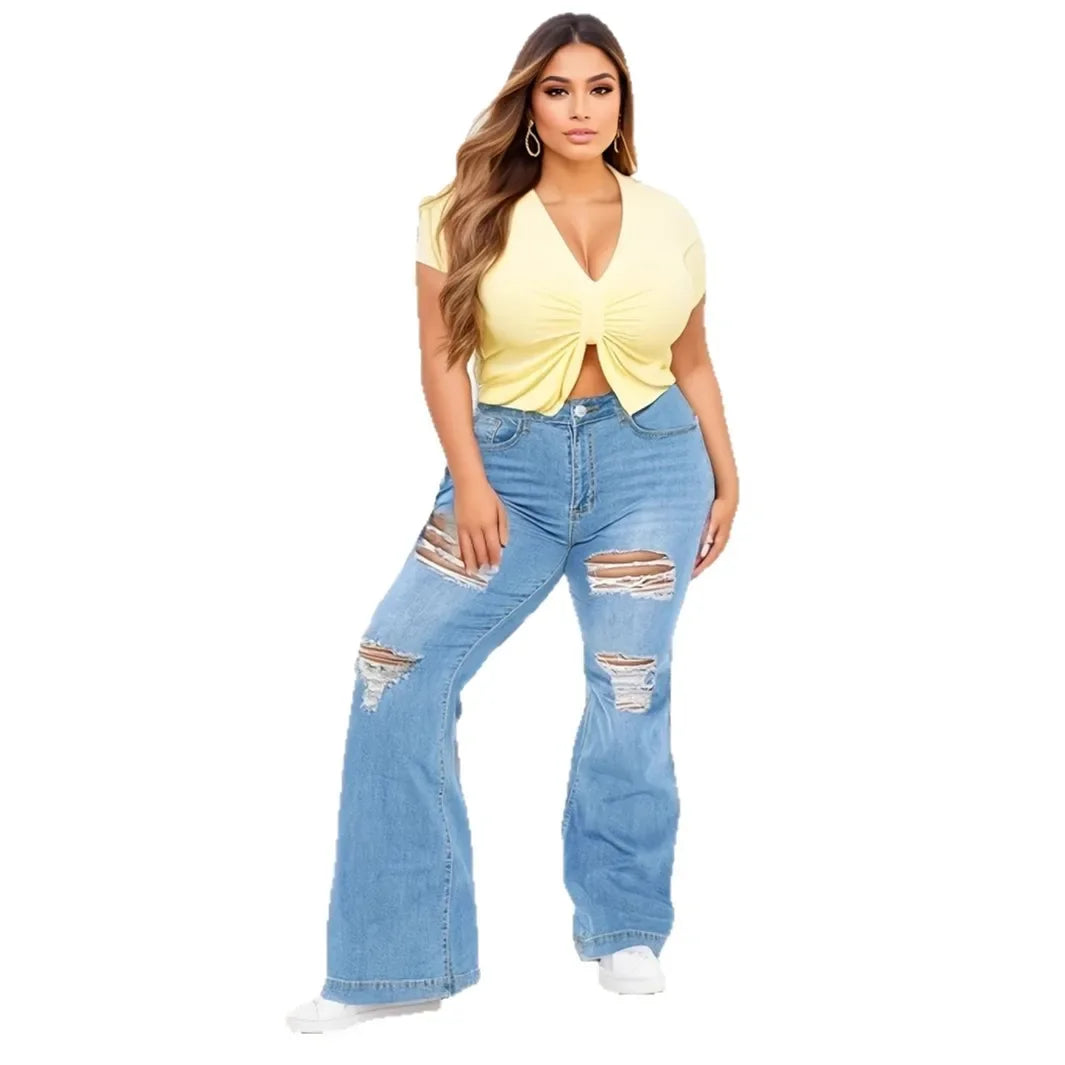 Plus Size Fashionable Ripped Denim Jeans Spring Summer Street Style Wide Leg Floor Length Casual Trendy Pants Cotton Material
