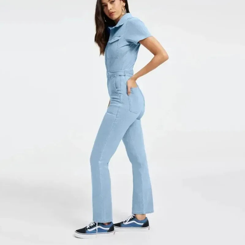 Fashion Jeans Plus Size Denim Jump Suits for Women Slim Short Sleeve Turn Down Collar Overalls Rompers Female One-piece Pants
