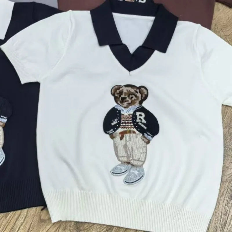 Cartoon Bear Thin Knit Pullover Women 2026 New Summer Short Sleeve Sweater Jumper Cropped Tops Fashion Women's Clothes