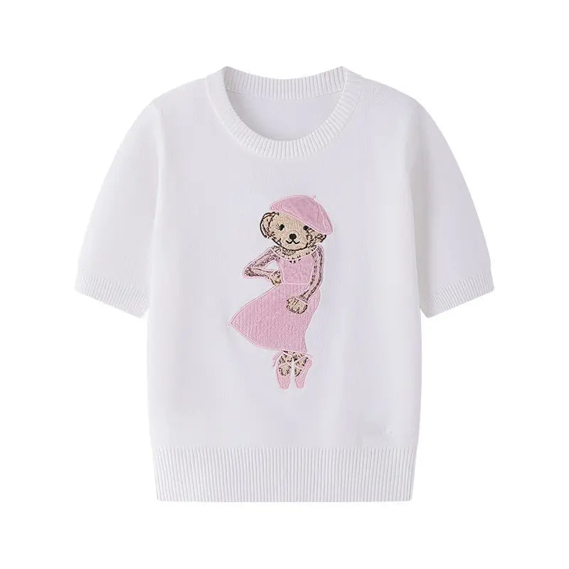 European Style Luxury Brand Loose O-Neck Bear Pullover Tops Knitwear Woman Short Sleeve T-shirt Ladies Wool Knitted Sweater