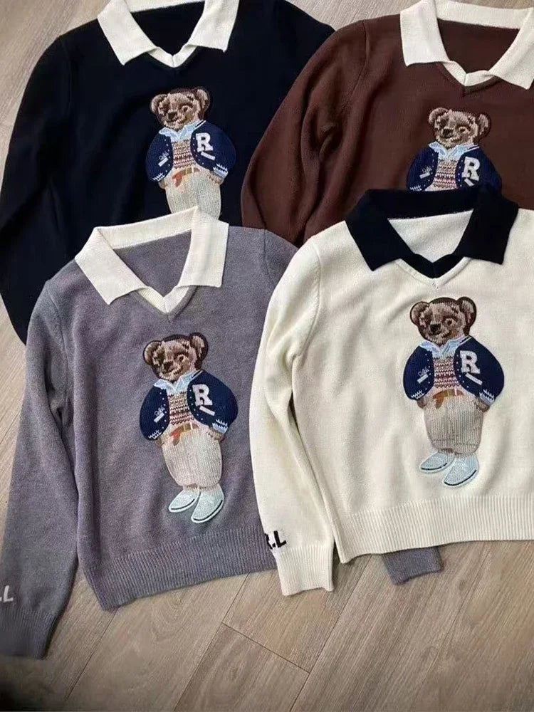 Cartoon Bear Jacquard Knit Pullover Women 2025 New Autumn O-Neck Long Sleeve Female Sweater Korean Fashion Knitwear Jumpers Tops