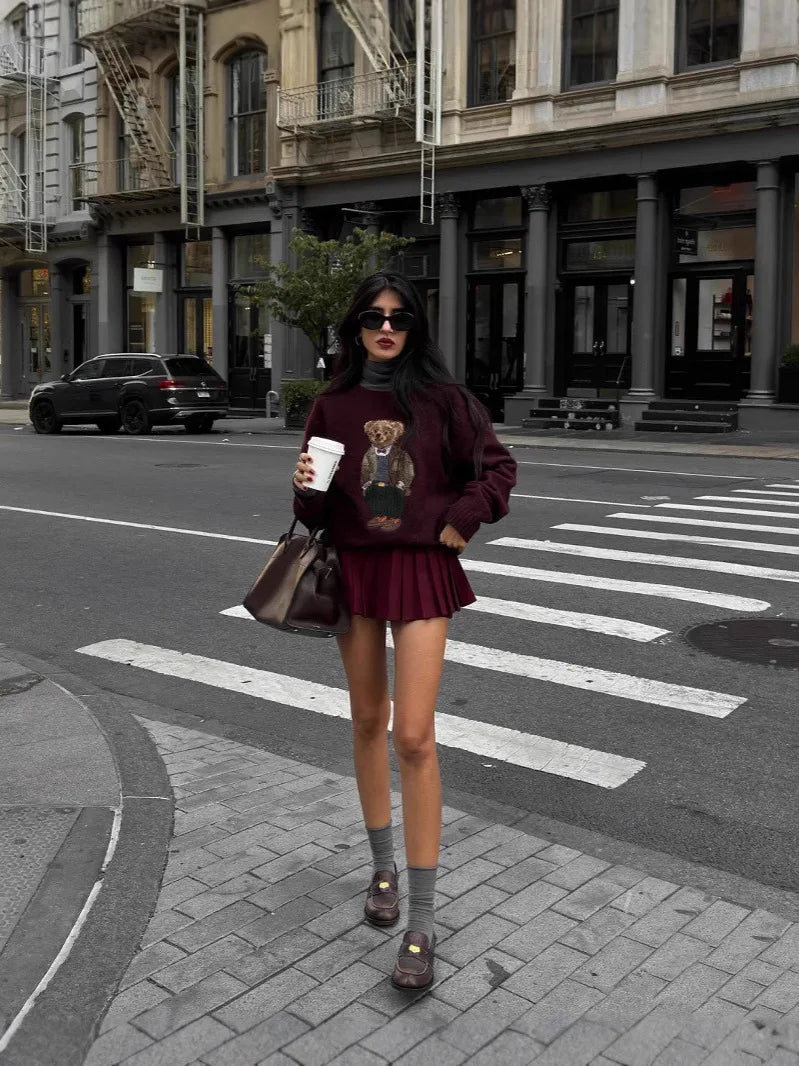 New autumn and winter RL bear cashmere round neck knitted long sleeved fashionable wool embroidered bear cartoon sweater