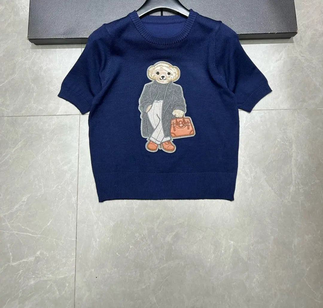 European Style Luxury Brand Loose O-Neck Bear Pullover Tops Knitwear Woman Short Sleeve T-shirt Ladies Wool Knitted Sweater