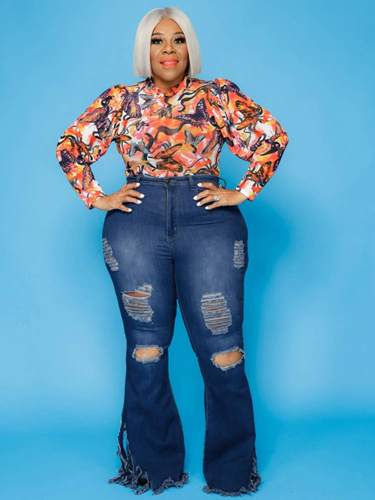 Pus Size  Ladies Jeans High Waist Woman Tassel Vintage Jeans Ripped Plus Size Fashion Elegant Flared Jeans Wholesale Dropshipping