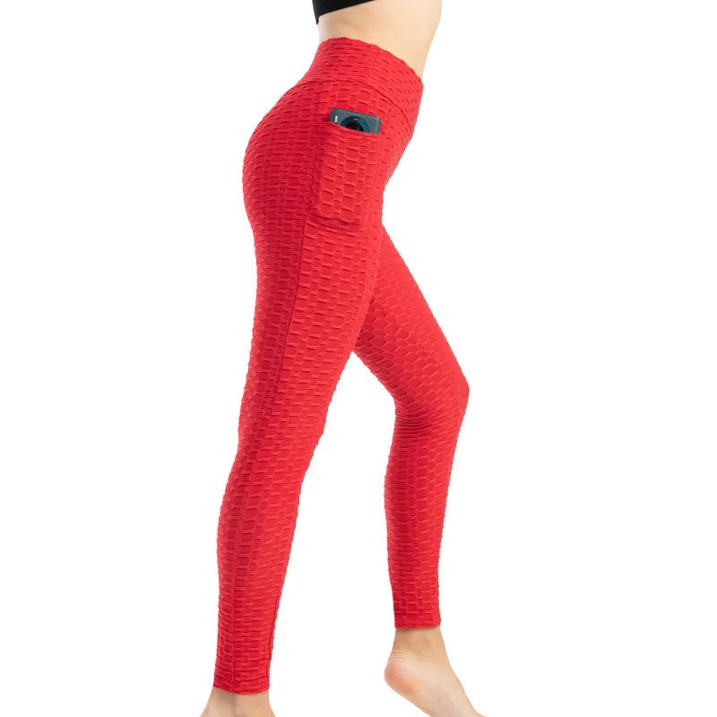 Leggings Women Fashion Pocket Bubble Pants Stretchy Slim Leggings Gym Running Cycling Fitness Pants High Waist Hip Lift Leggings Female