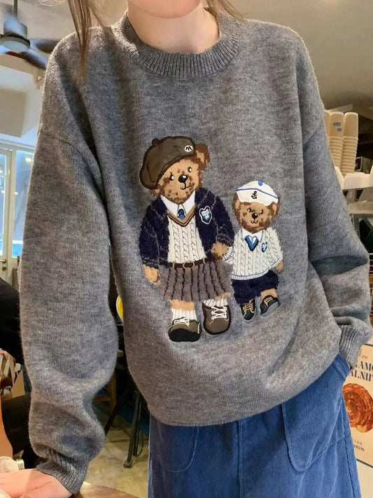 Korean Style Autumn Fashion College Wind Twist Bear Embroidery Knitted Sweater Women's Soft Cozy Overhead Sweater Long Sleeve...
