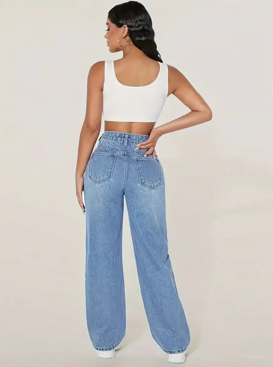 Washed Ripped Jeans, Women Four Seasons New Fashion Personality To Do Old Denim High Waist Straight Comfortable Wide Leg Pants