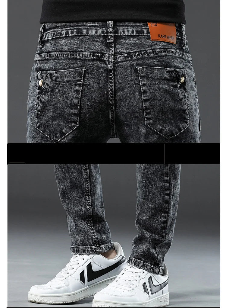 Men's Designer Jeans Snowflake Grey Wash Korean Fashion Stretch Pants Multi-button Denim Trousers