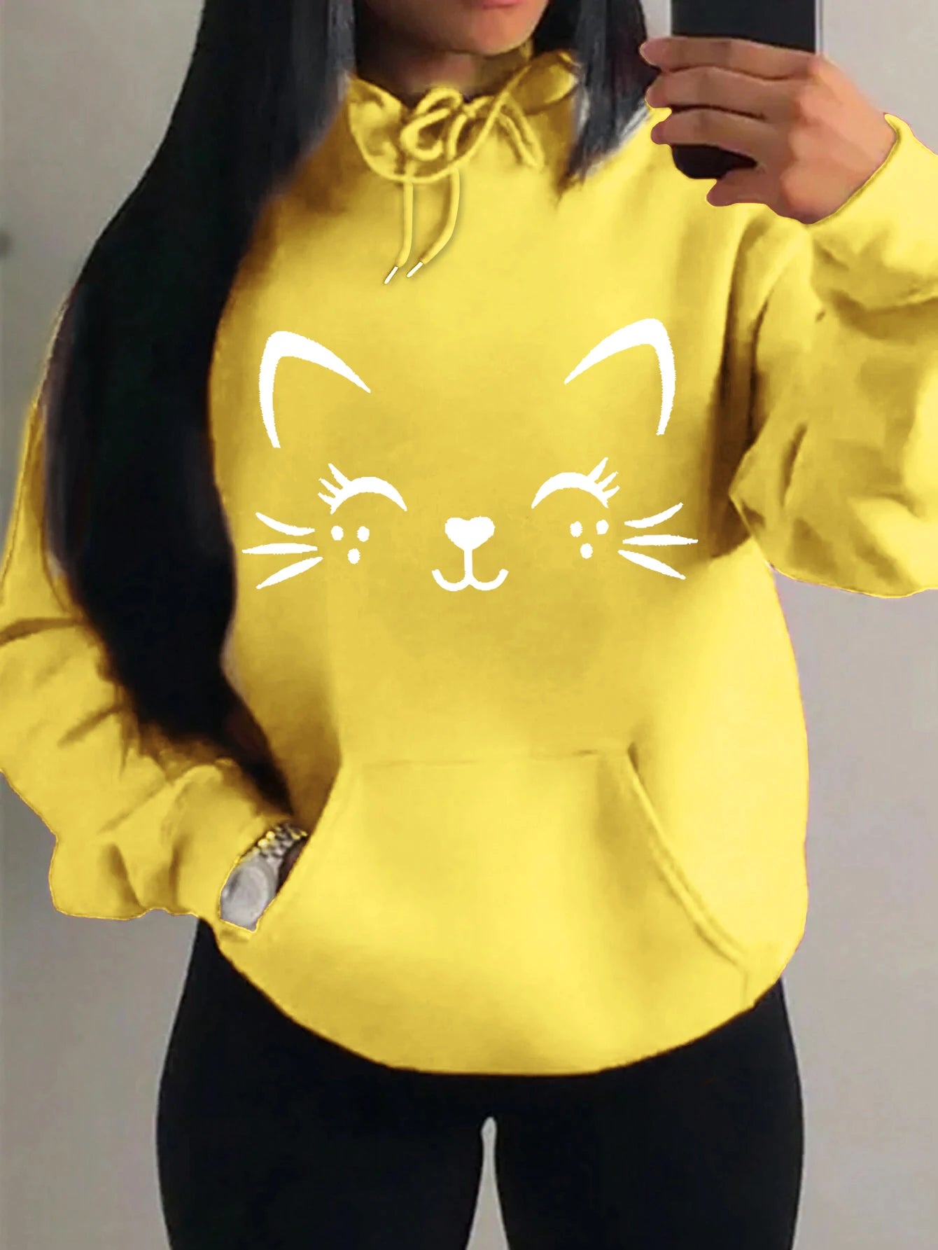 Simple Word Cat Happy Pattern Women Hoodies Fashion Casual Streetwear Personality Hip Hop Hoodie Trendy Fleece Pulloverar