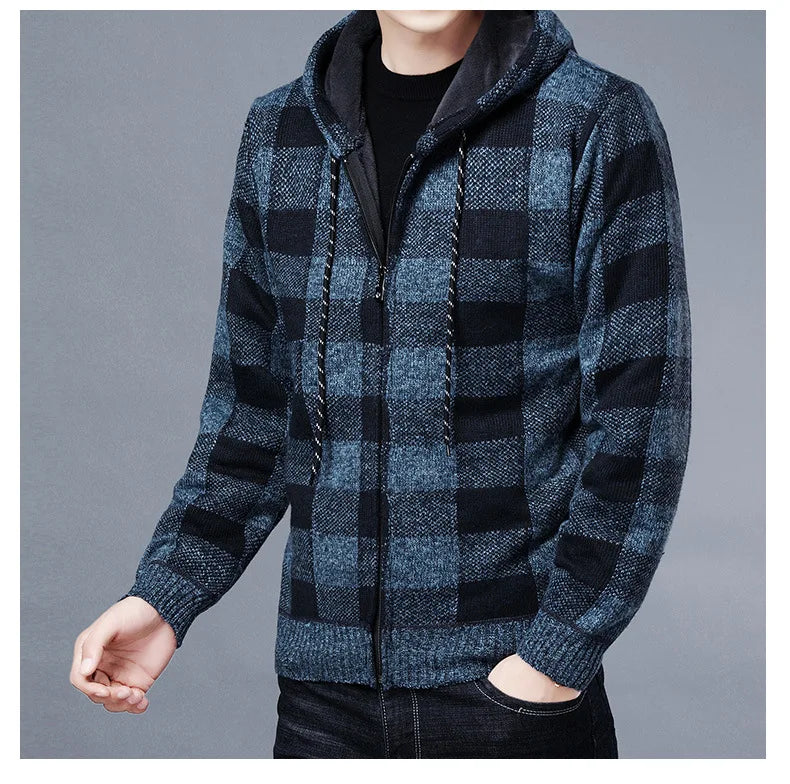 Sweater Jacket Fashion Winter Coat Fleece Hoodies High Quality Luxury Checkered Hooded Knit Cardigan Male Outer Wear