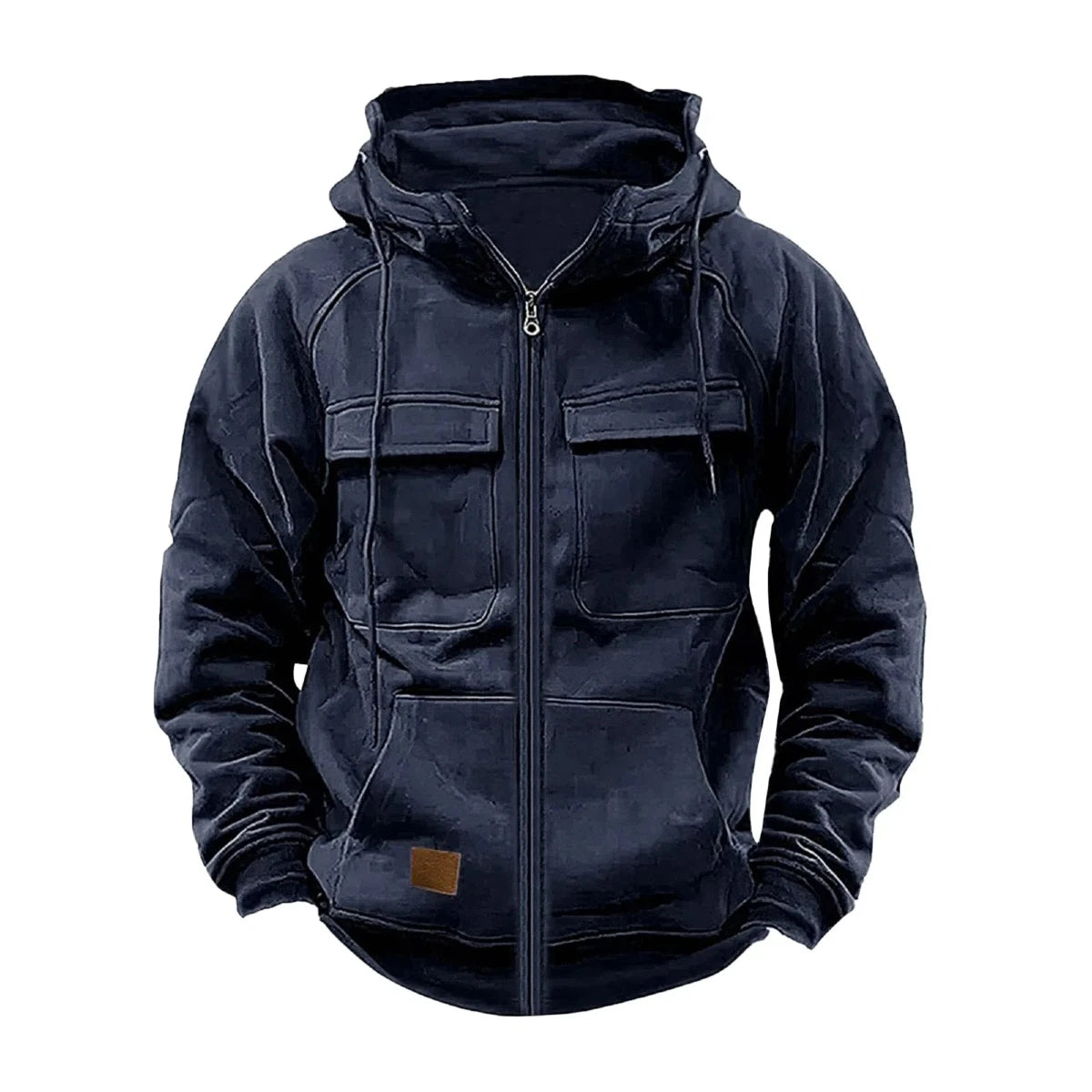 JUMPER Solid-Color Zipper Pullover Hooded Sweater Casual Loose Street-Style Multi-Pocket Hooded Sports Coat
