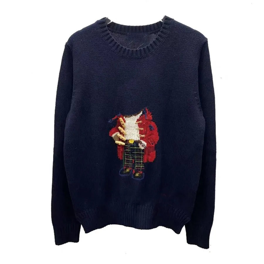 Soft Cotton Knit Sweater Women's Bear Embroidery Round Neck Top Autumn Winter Comfortable Wear Casual Embroidery Pullover