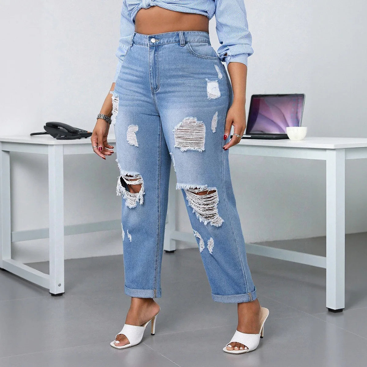 Plus Size Women's Ripped Jeans - Trendy Distressed Denim, Perfect for Daily Wear