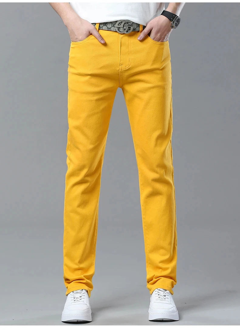 Men's Colorful Denim Stretch Stretch Jeans New Elastic Yellow Pink Red Slim Male Clothing Simple Business Denim Trousers