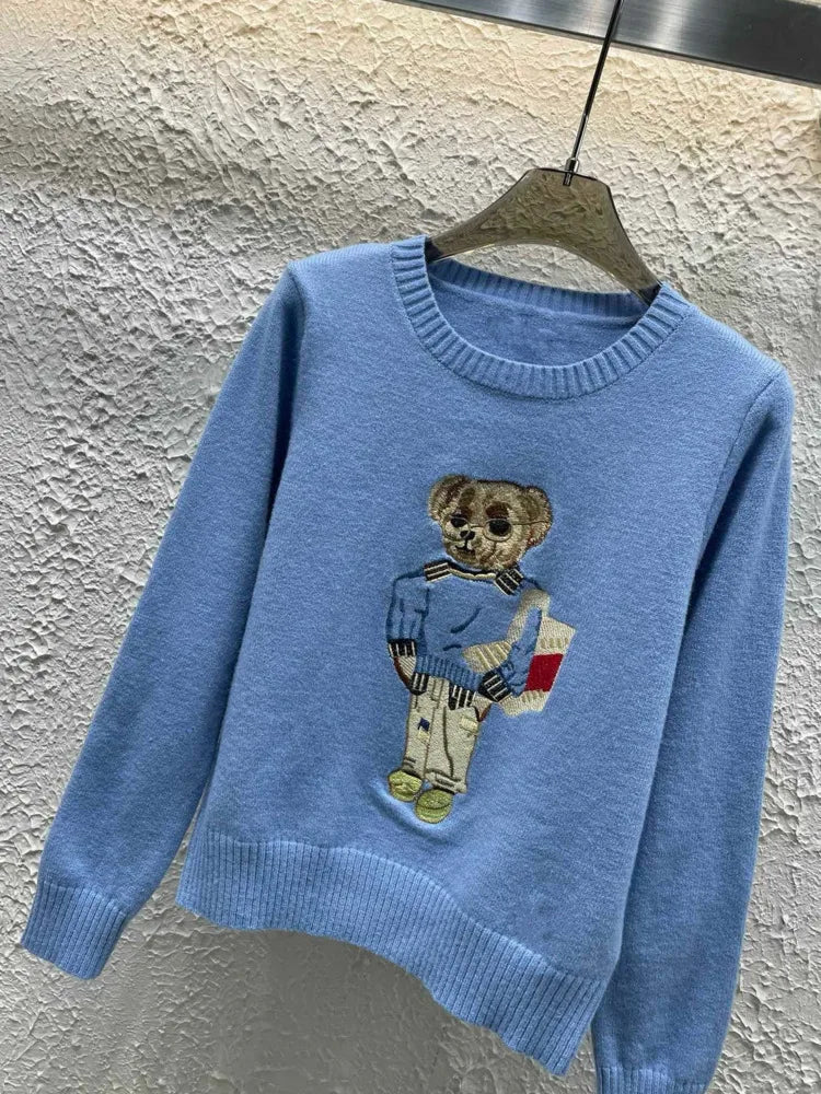 High Quality Fall Winter New Fashion Lazy Cartoon Bear Embroidery Loose Knitted Sweater Tops Women Casual Pullover Sweater Pull