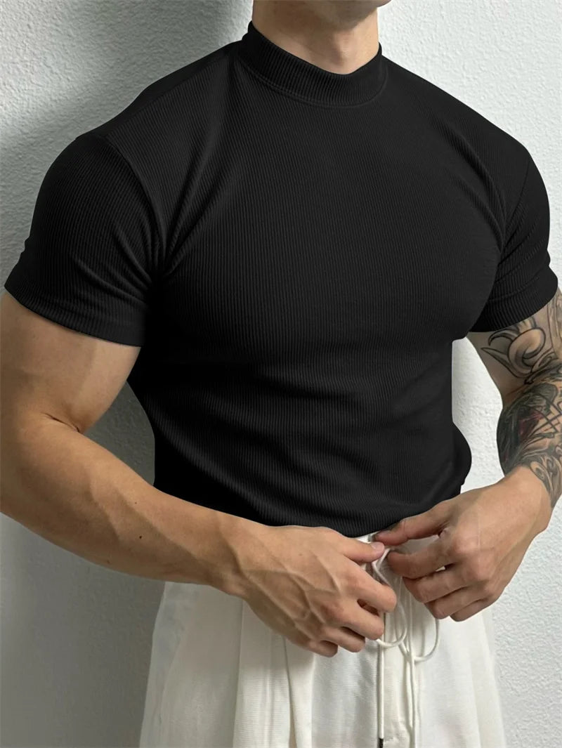 T-shirt Small high collar stripe shirt short sleeve fitness top leisure sport T-shirt Men sportswear