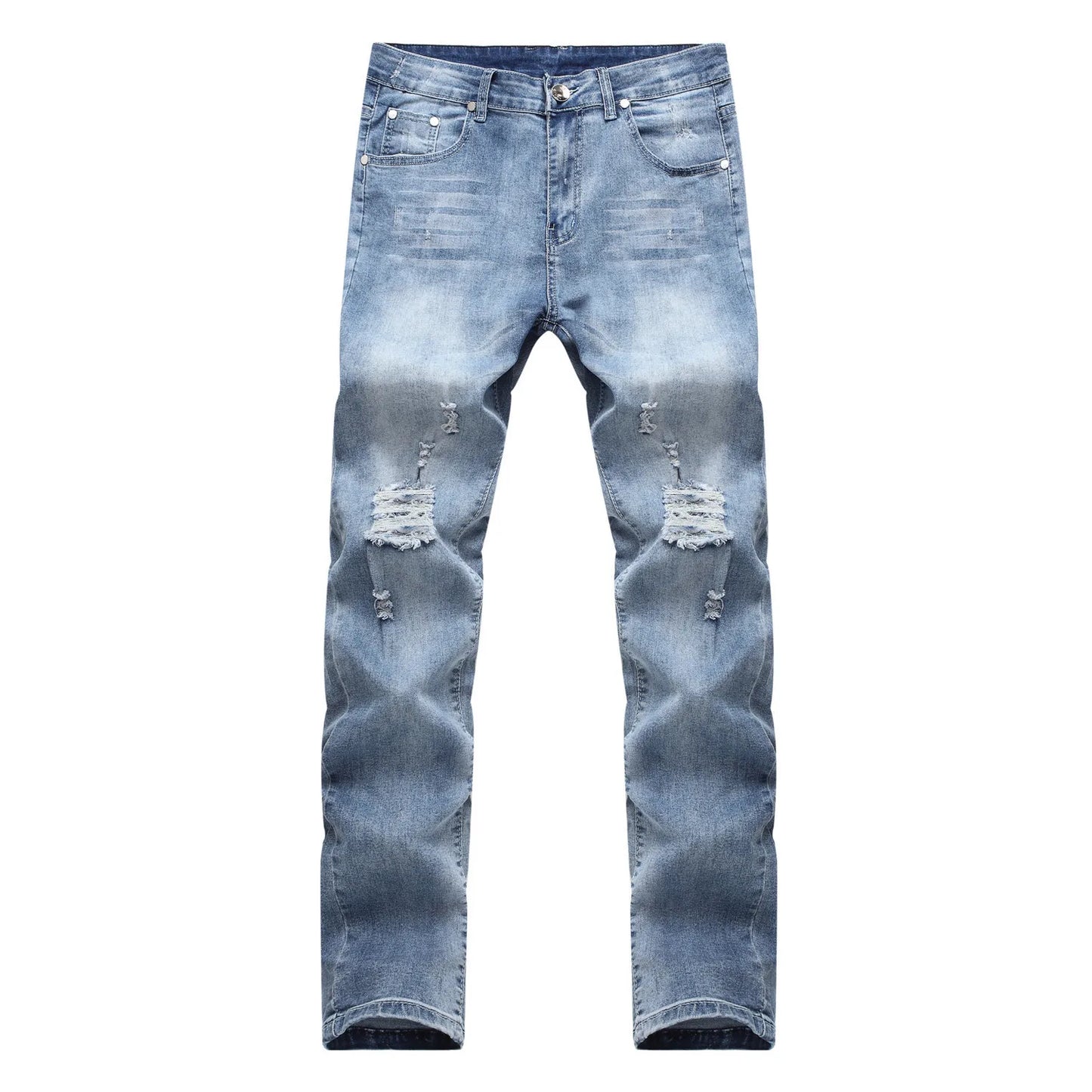 Men Vintage Wash Solid Denim Trouser Mens Casual Slim Fit Pencil Denim Holes Pants 2024