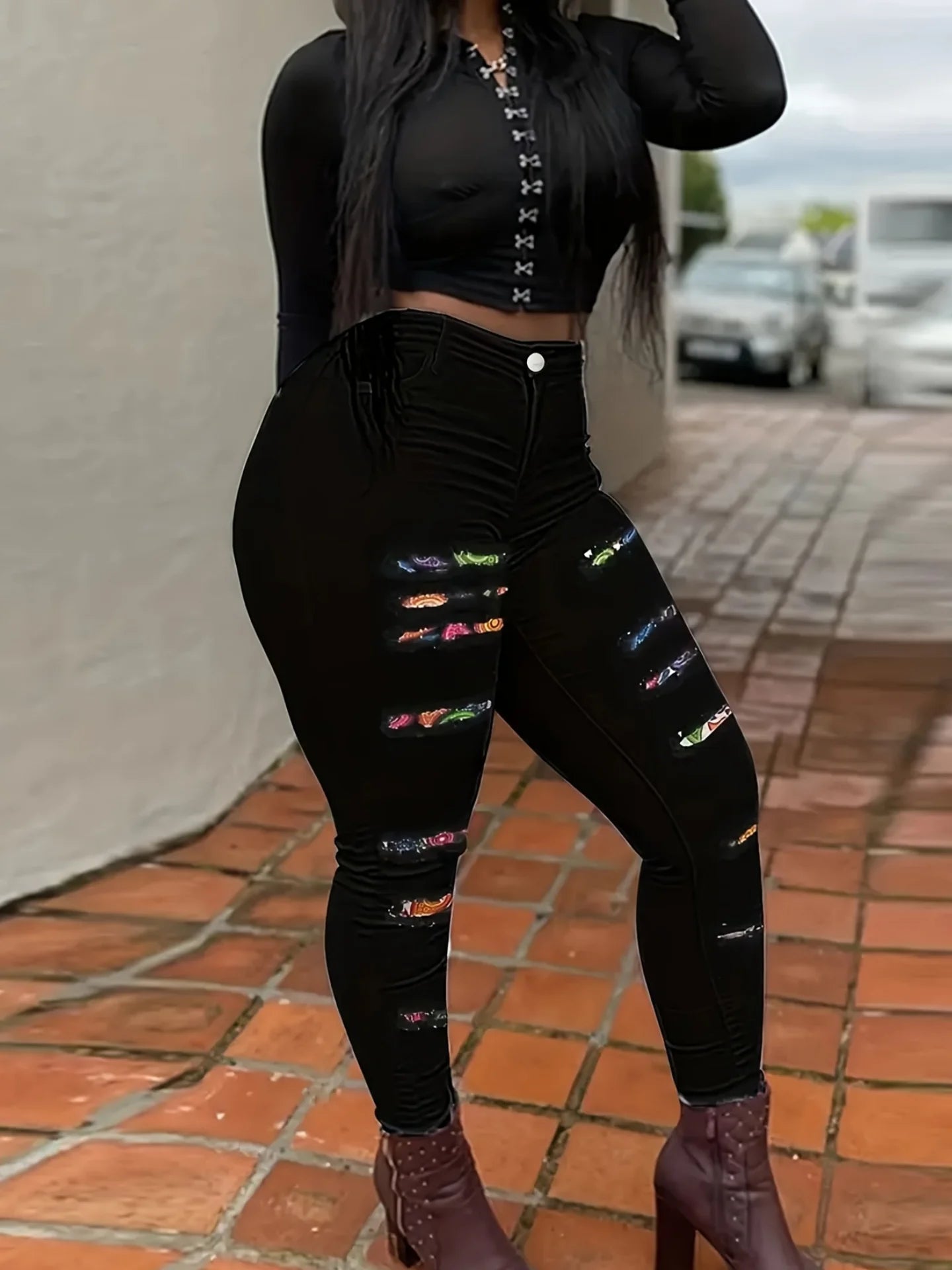 Women's plus size American sexy jeans, high stretch slim-fit pencil jeans, black color-blocked ripped slim-fit jeans