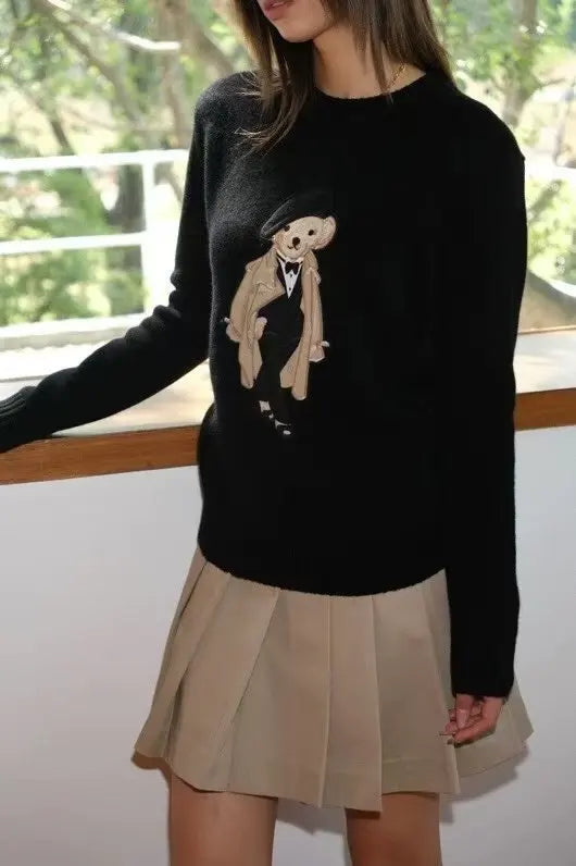 European Style Luxury Brand Loose O-Neck Bear Pullover Tops Knitwear Woman Long Sleeve T-shirt Ladies Wool Knitted Sweater Tops