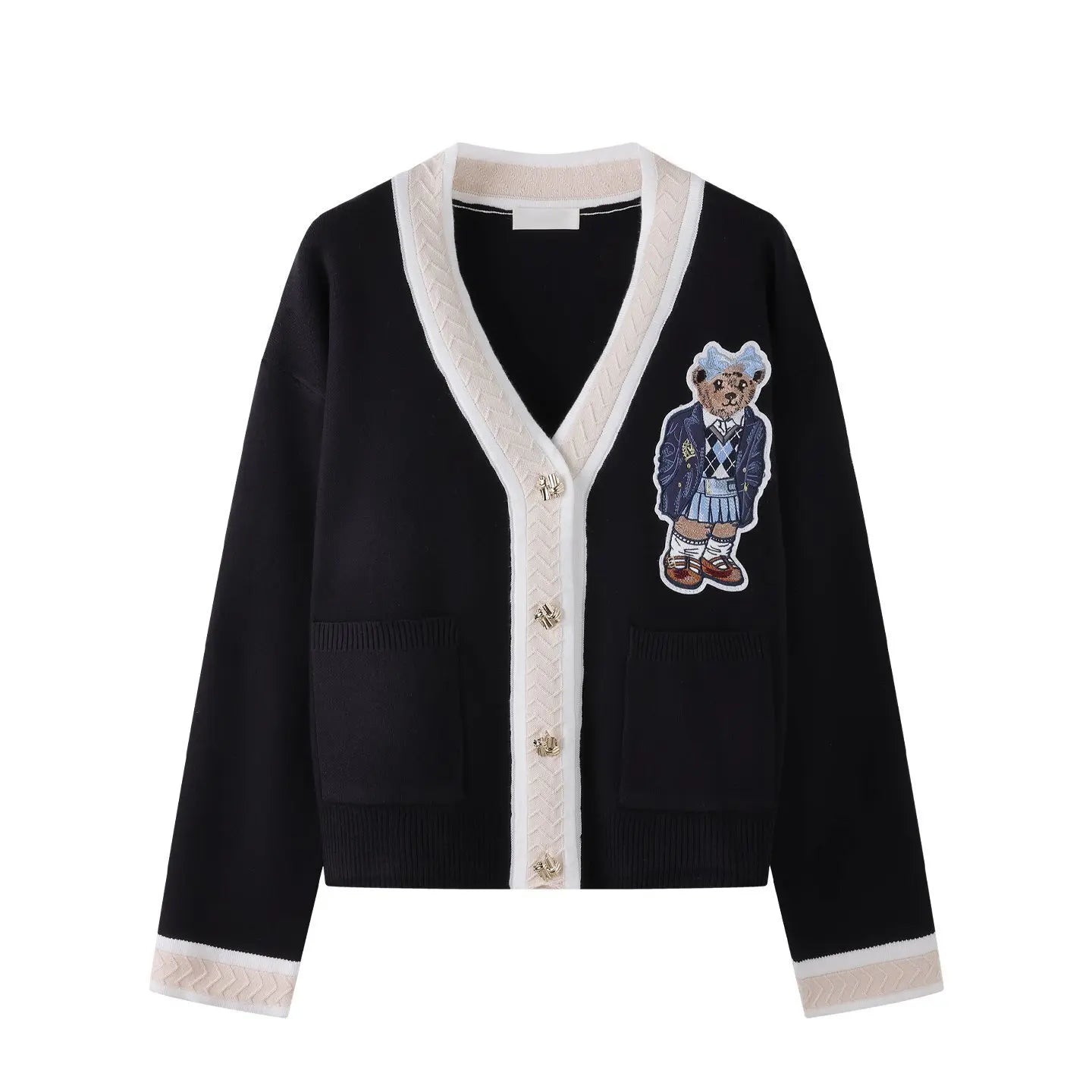High Quality Light Luxury French Bear Embroidered Knitted Cardigan For Women New Fashion Casual Loose Sweater Coats Pulls Femmes
