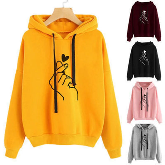 Hoodies Women Solid Color Finger Heart Hooded Korean Fashion Sweatshirts Long Sleeve Top Drawstring Pockets Loose Hoodies