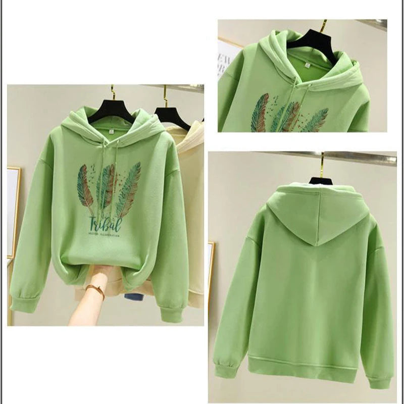 Hoodies Women Fashion Feather Printed Hoodies Autumn Winter Plus Velvet Casual Loose Sweatshirt