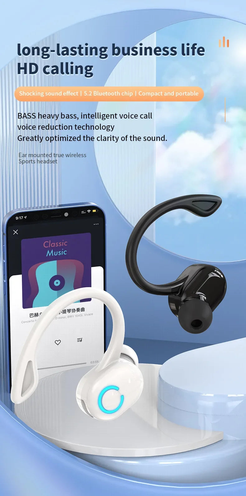 Wireless Earphones Sport Headphones Bluetooth 5.2 Earbuds Handsfree Headset with Mic for IPhone Samsung Xiaomi Smart Phone